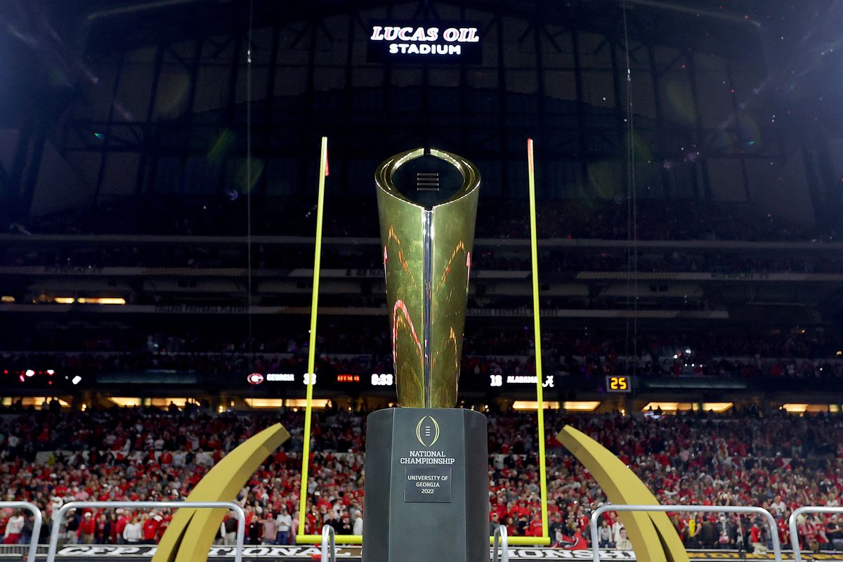The National Championship trophy is displayed after the Georgia Bulldogs defeated the Alabama Crimson Tide 33-18 in the 2022 CFP National Championship Game at Lucas Oil Stadium on January 10, 2022 in Indianapolis, Indiana.