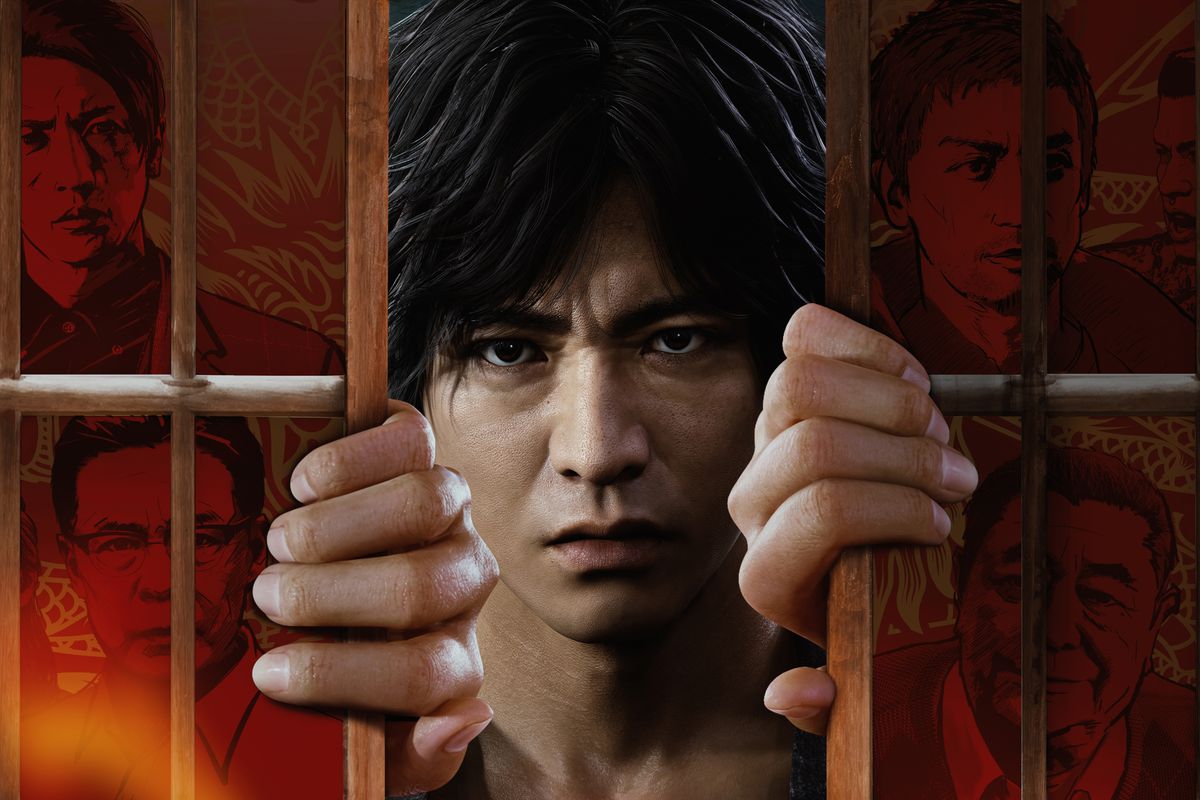 Lost Judgment: Key art showing the game’s protagonist, framed by paintings of the game’s supporting cast