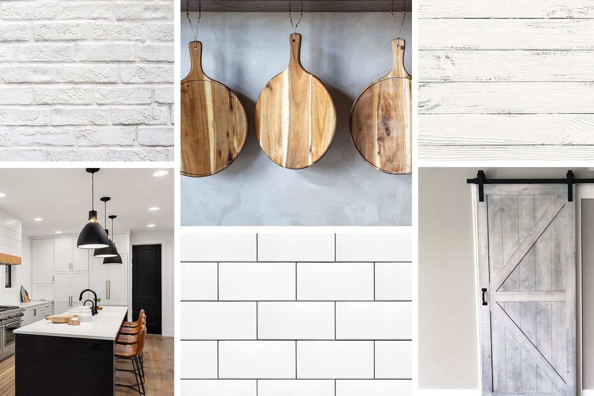 A collage of farmhouse style decor, including white brick, hanging cookery, shiplap, white subway tiles, and a kitchen. 