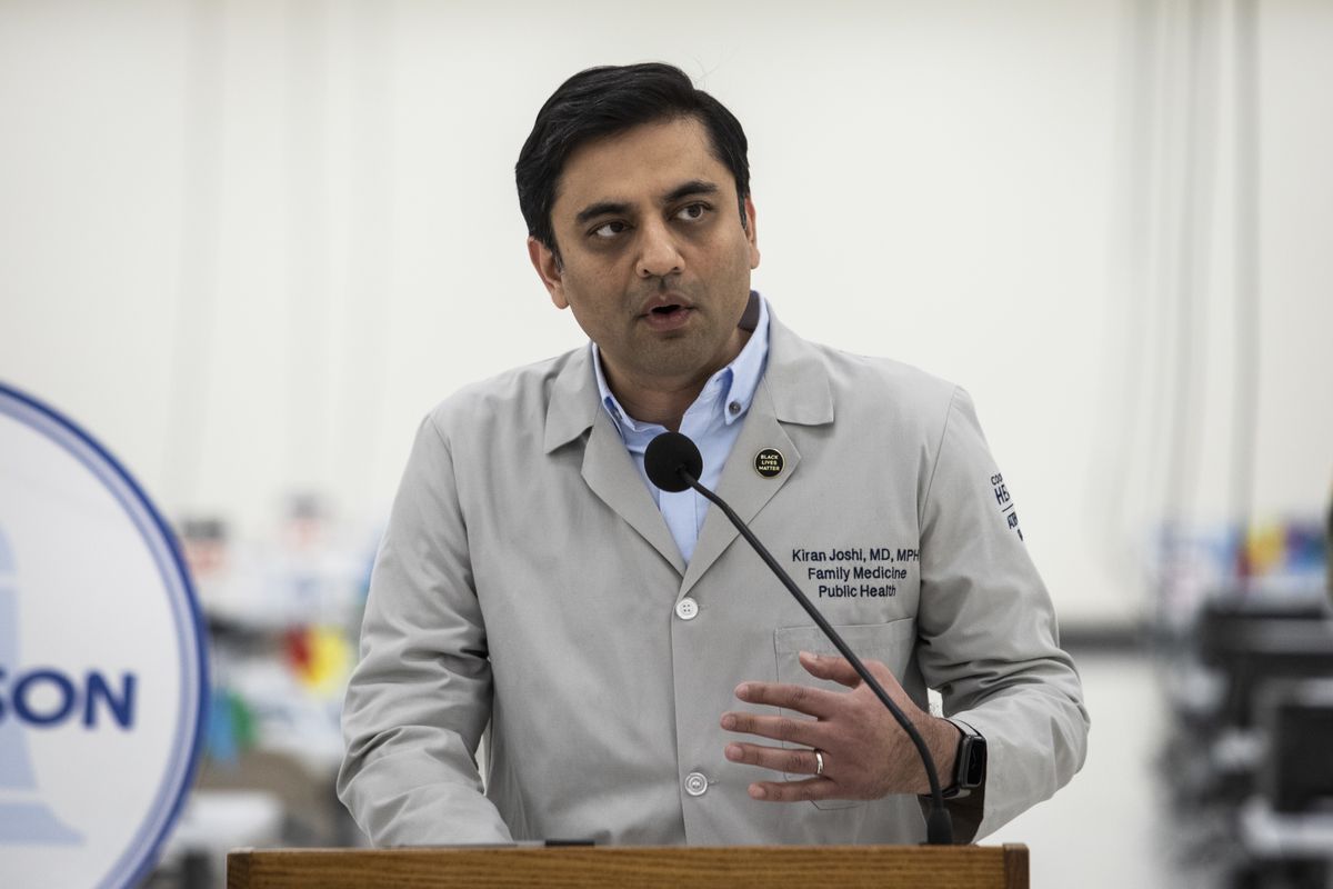 Dr. Kiran Joshi, co-lead and senior medical officer for the Cook County Department of Public Health, speaks at a mass vaccination site in south suburban Matteson last week. About 3.3 million Illinoisans have now been fully vaccinated, or 26% of the population.