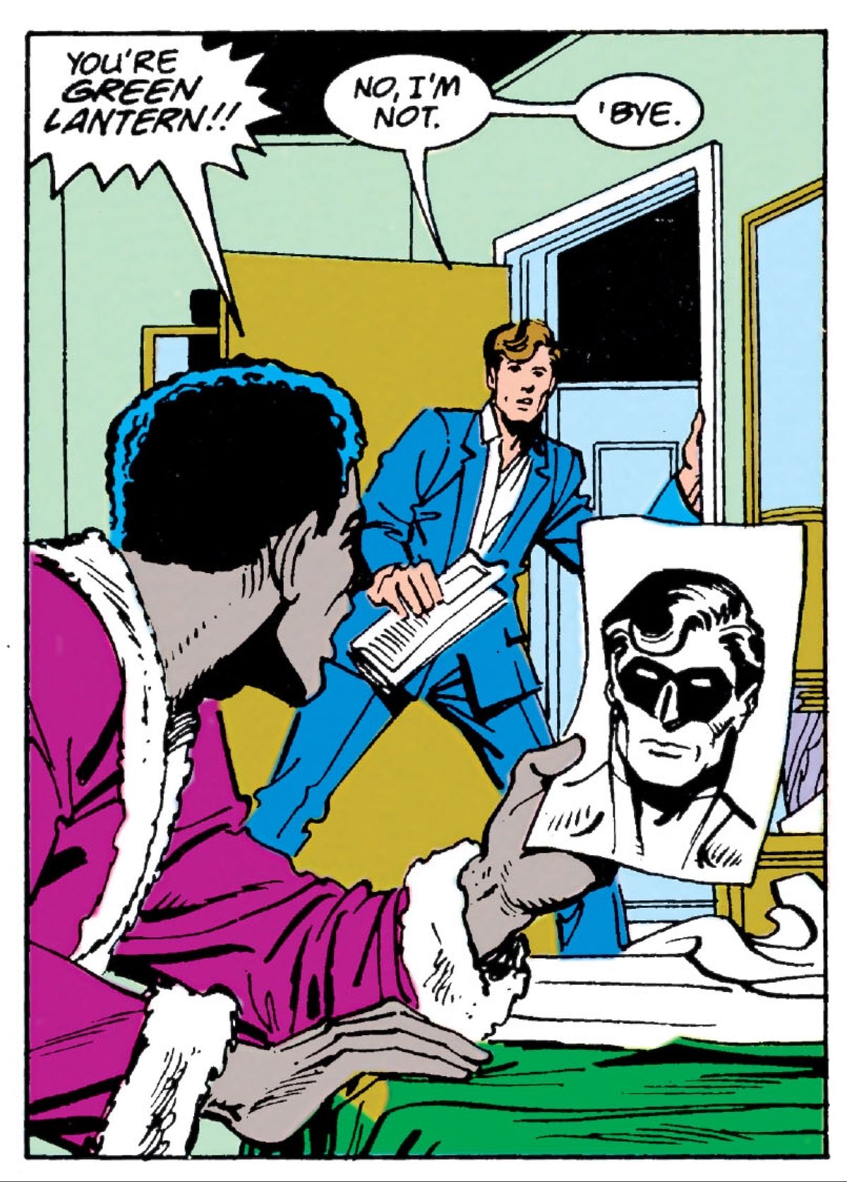 “You’re Green Lantern!!” cries a man holding a portrait of Green Lantern. “No, I’m not. ‘Bye.” Hal Jordan says while stepping out of the door in Secret Origins #36, DC Comics (1988).
