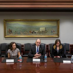 Independent presidential candidate Evan McMullin, center, his running mate, Mindy Finn, left, and Kelsey Koenen Witt, right, the campaign's Utah communications director, meet with the Deseret News and KSL editorial board in Salt Lake City on Friday, Oct. 14, 2016.