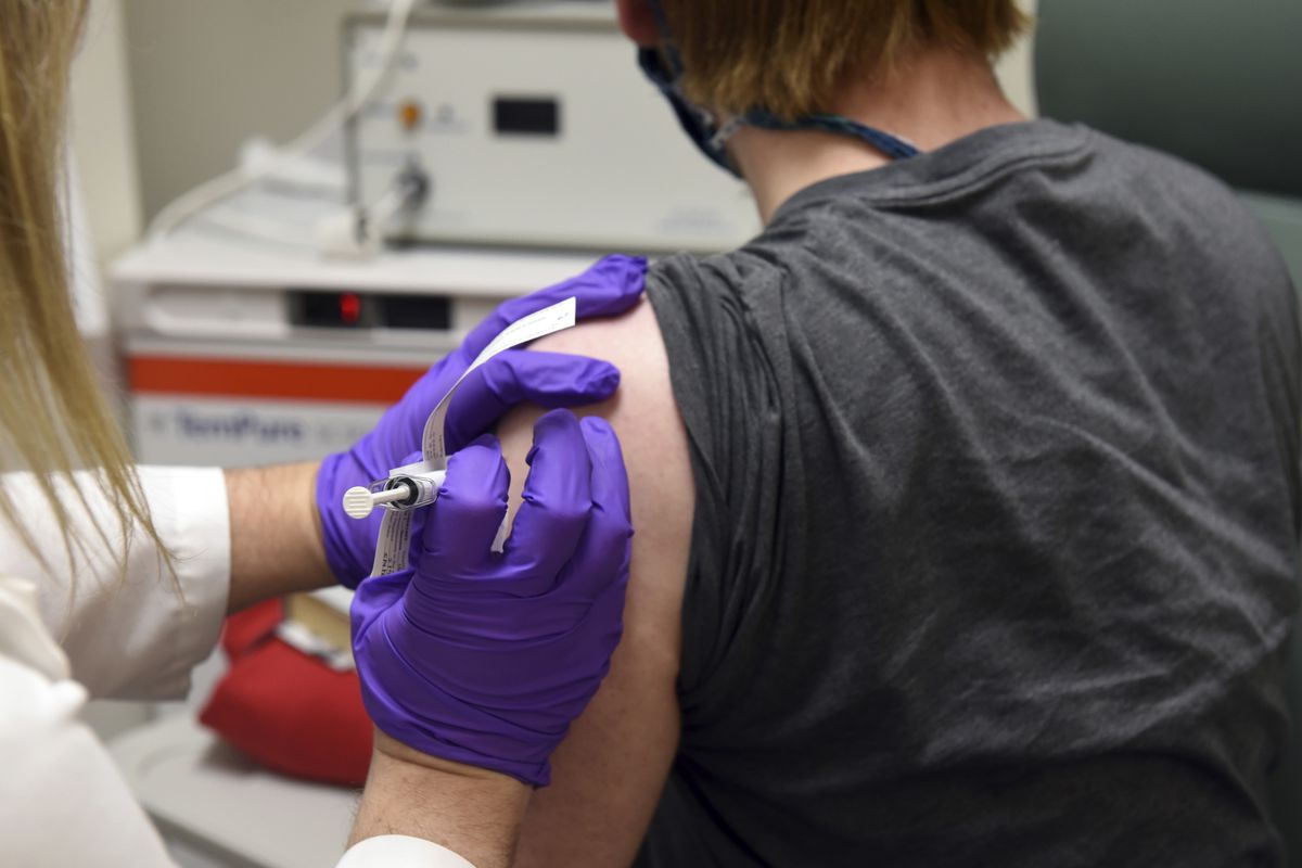 This May 4, 2020, file photo shows the first patient enrolled in Pfizer’s COVID-19 coronavirus vaccine clinical trial at the University of Maryland School of Medicine in Baltimore.
