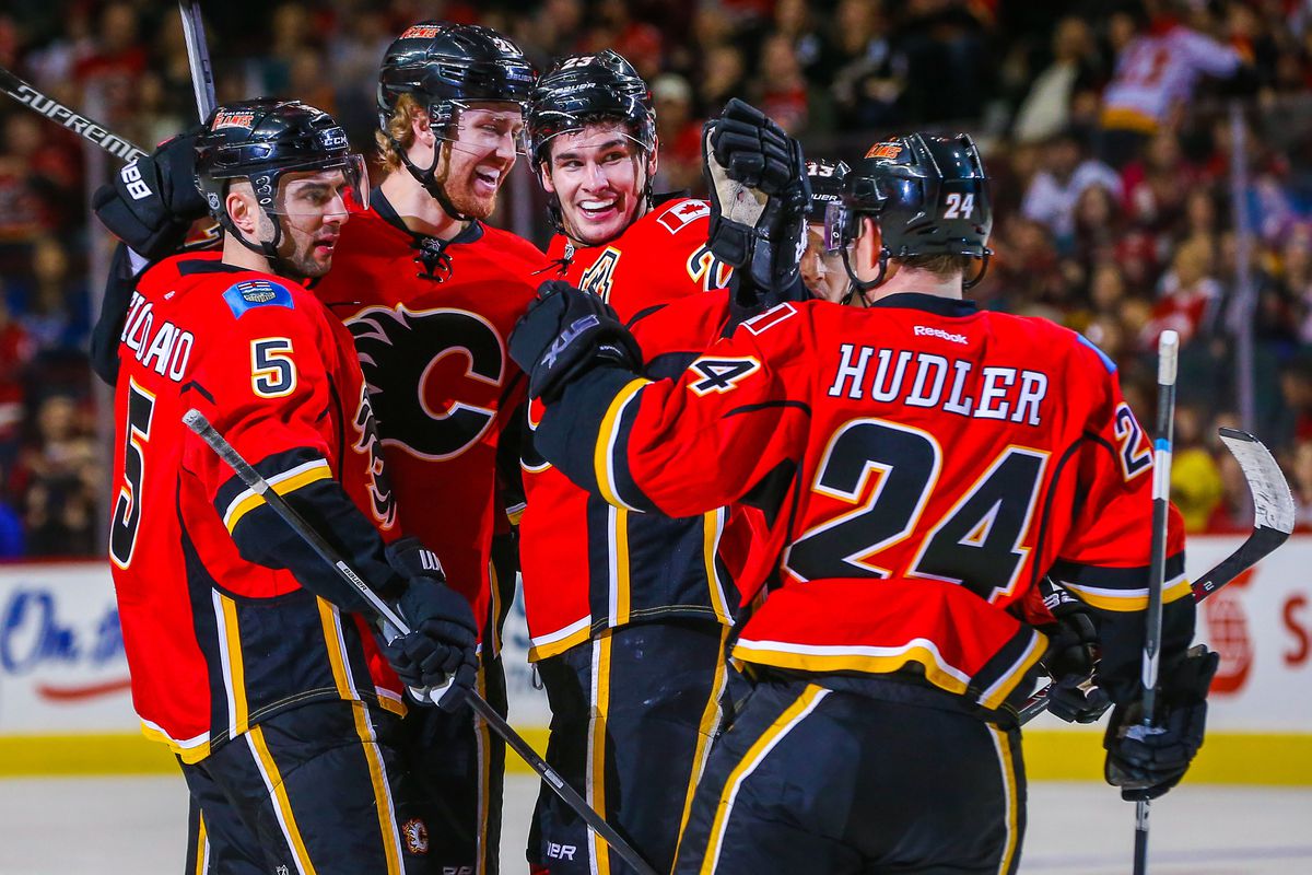 Calgary celebrating Dougie's goal in the first. 