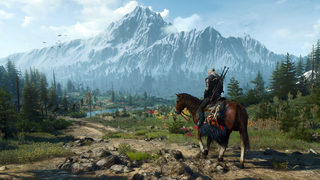 Geralt of Rivia, di atas kuda kuda, Surveys The Wilderness of the Benua di The Witcher 3: Peningkatan Gening Seterusnya Wild Hunt