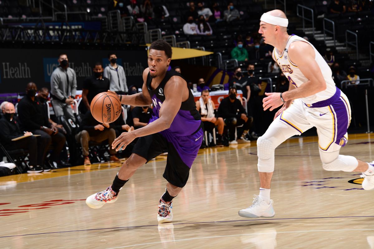 Kyle Lowry of the Toronto Raptors drives to the basket against the Los Angeles Lakers on May 2, 2021 at STAPLES Center in Los Angeles, California.
