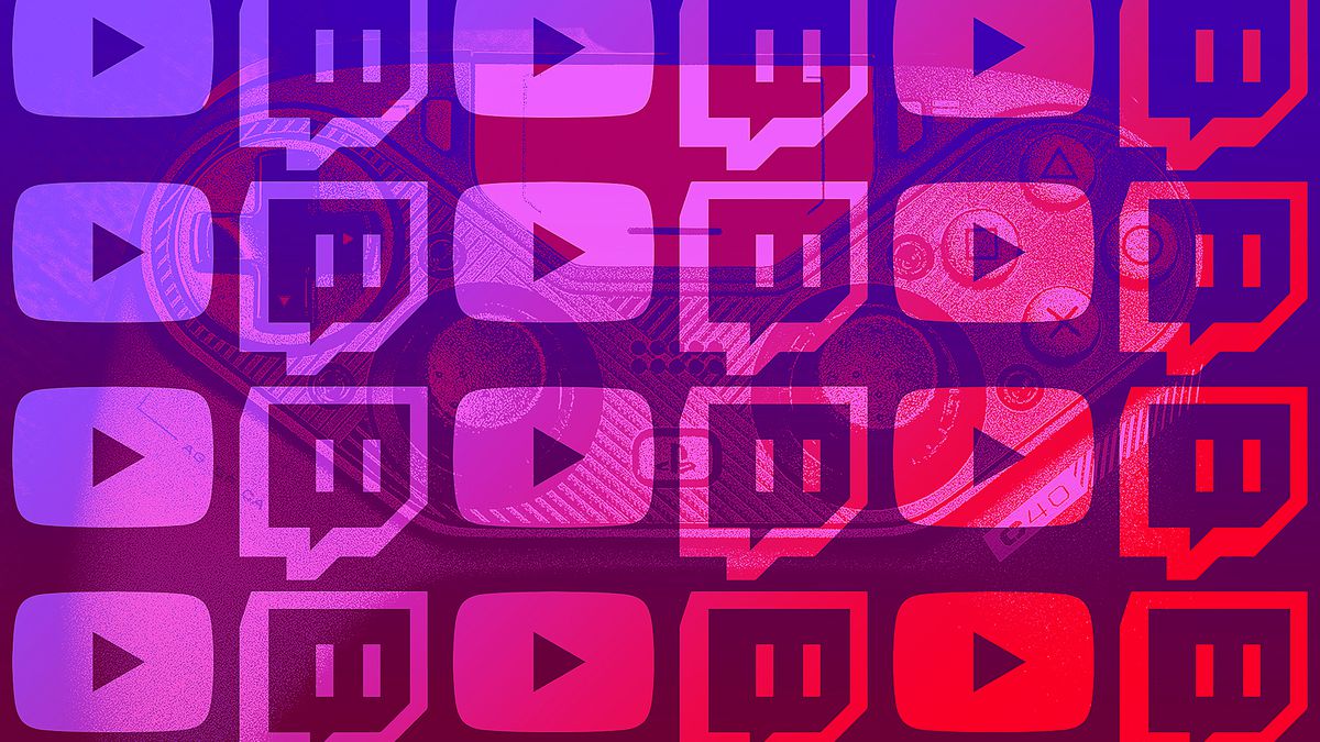Twitch and YouTube icons overlay a game controller