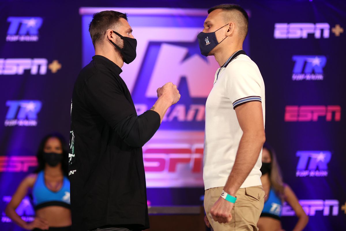 Joe Smith and Maxim Vlasov face-off during their Press Conference for the WBO light heavyweight title at the Osage Casino on April 08, 2021 in Tulsa, Oklahoma.