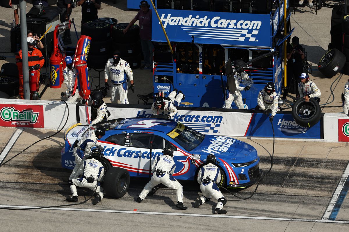 Kyle Larson, driver of the #5 HendrickCars.com Chevrolet, pits during the NASCAR Cup Series Auto Trader EchoPark Automotive 500 at Texas Motor Speedway on September 25, 2022 in Fort Worth, Texas.