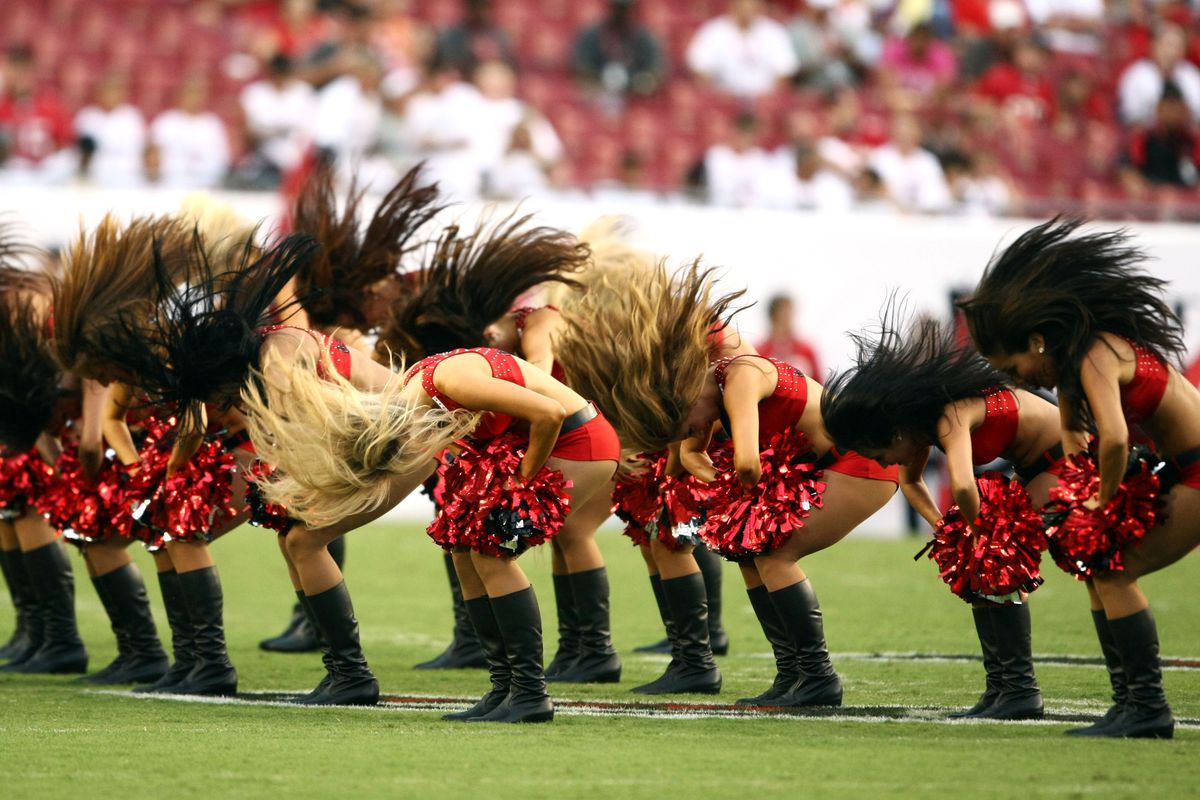 Aug 17, 2012;  Tampa, FL, USA;  Tampa Bay Buccaneers cheerleaders perform prior to the game against the Tennessee Titans at Raymond James Stadium. Mandatory Credit: Douglas Jones-US PRESSWIRE