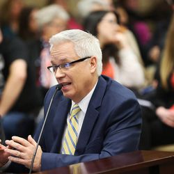 Consultant Brad Sassatelli speaks to the Prison Relocation Commission as it meets to discuss potential sites for a relocated correctional facility during the Utah Legislature in Salt Lake City Friday, Feb. 27, 2015. 