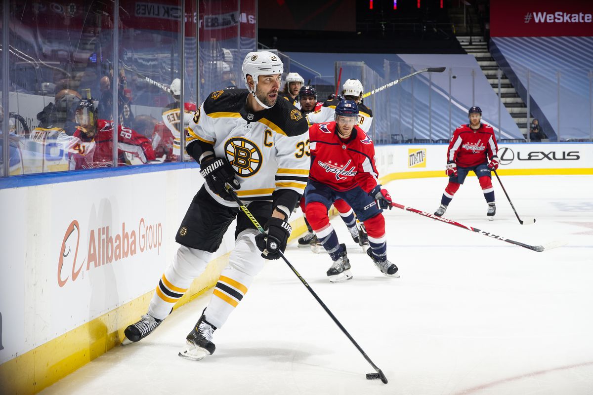 Zdeno Chara #33 of the Boston Bruins plays the puck against the Washington Capitals during the first period in an Eastern Conference Round Robin game during the 2020 NHL Stanley Cup Playoff at Scotiabank Arena on August 09, 2020 in Toronto, Ontario.