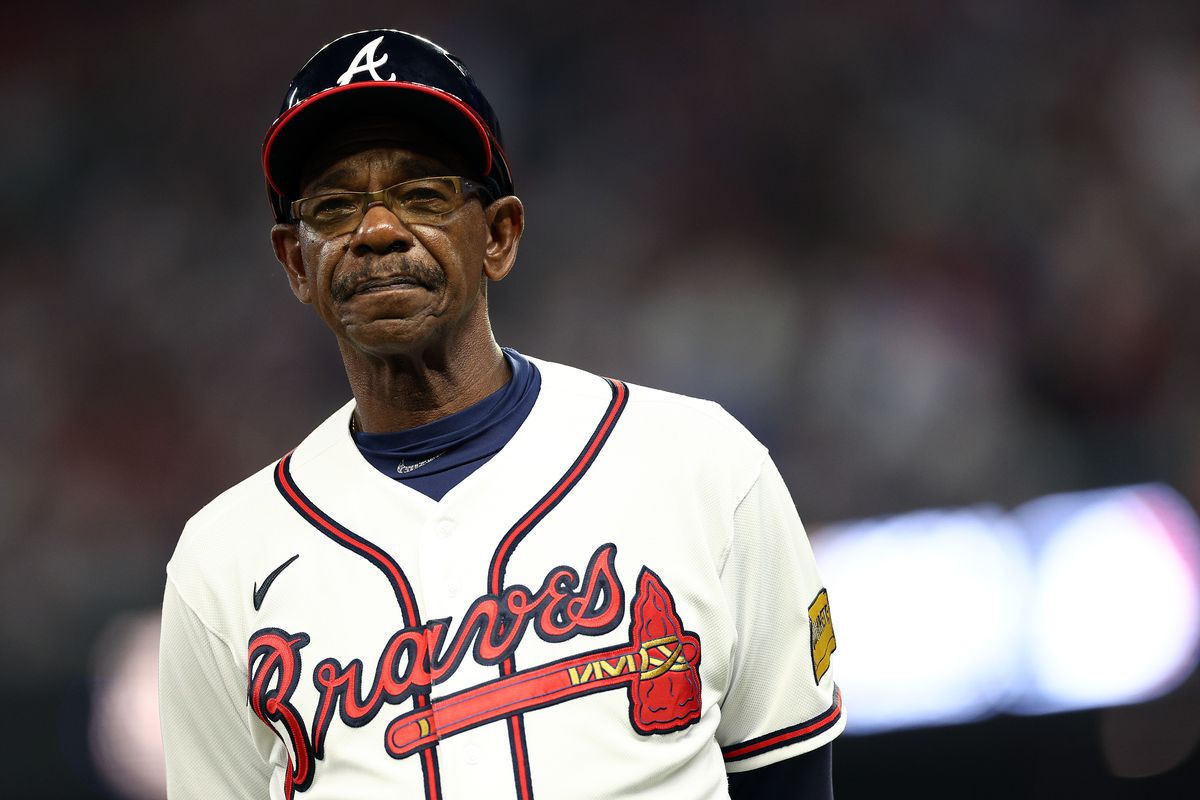 Third Base Coach Ron Washington #37 of the Atlanta Braves looks on during Game Two of the Division Series against the Philadelphia Phillies at Truist Park on October 09, 2023 in Atlanta, Georgia.