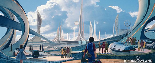 Artist’s illustration of a futuristic cityscape featuring elaborate, curved towers that look like ship’s sails. 