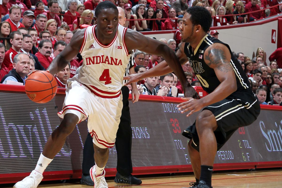 Indiana's Victor Oladipo, who left the game in the first half with an ankle injury, drives around Purdue's Terone Johnson.