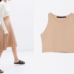 <strong>Zara</strong> Coated Pleated Skirt, <a href="http://www.zara.com/us/en/woman/skirts/coated-pleated-skirt-c358006p1788578.html">$79.90</a>, and Cropped Studio Top, <a href="http://www.zara.com/us/en/woman/skirts/cropped-studio-top-c358006p1772528.h