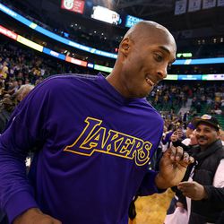Los Angeles Lakers star Kobe Bryant enters the Vivint Smart Home Arena before the Jazz game in Salt Lake City on Monday, March 28,  2016.  