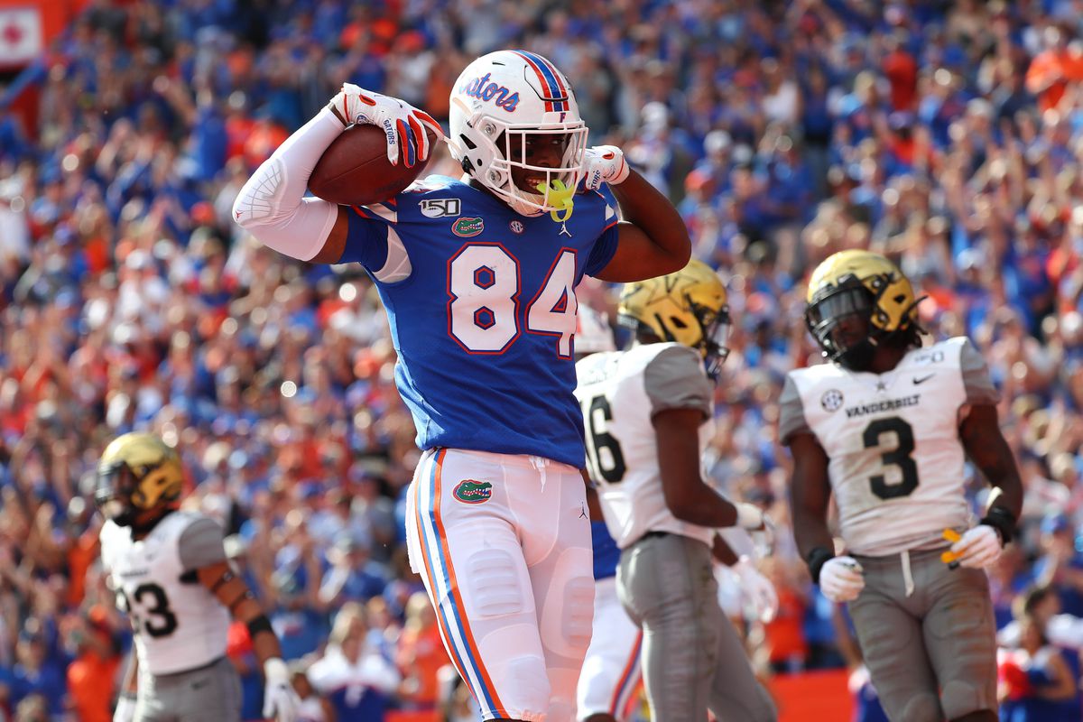Florida Gators tight end Kyle Pitts celebrates as he scores a touchdown against the Vanderbilt Commodores during the second half at Ben Hill Griffin Stadium.