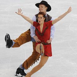 Americans Emily Samuelson and Evan Bates perform during the original dance of the ice dance event of the 2010 Winter Olympics at the Pacific Coliseum in Vancouver on Sunday.