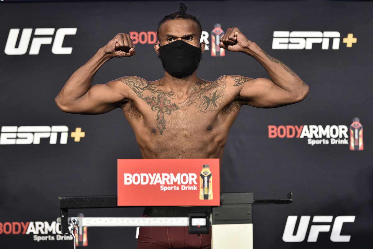 Jordan Griffin poses on the scale during the UFC Fight Night weigh-in at UFC APEX on June 12, 2020 in Las Vegas, Nevada.