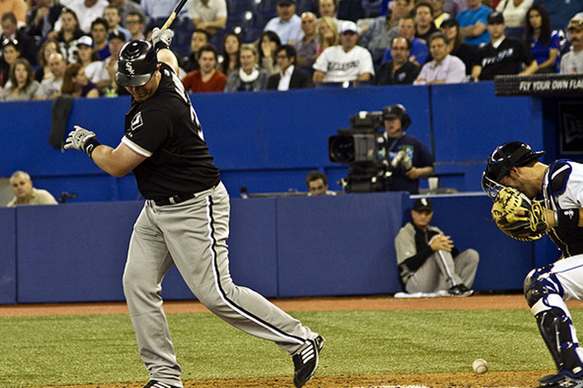 Adam Dunn swings and misses by a mile for his fourth strikeout of the night on Thursday. (Chris Suppa / The Score)