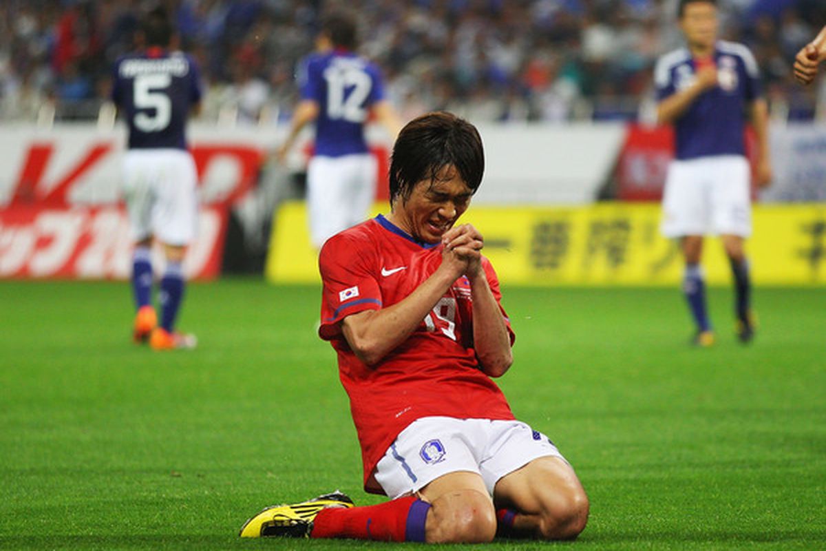 SAITAMA, JAPAN - MAY 24:  Park Chu Young of South Korea celebrates after scoring a goal during the international friendly match between Japan and South Korea at Saitama Stadium on May 24, 2010 in Saitama, Japan.  (Photo by Mark Kolbe/Getty Images)