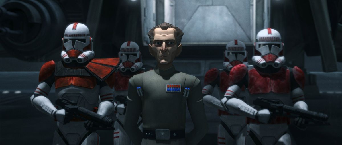 Admiral Tarkin alongside clone troopers in the animated series Star Wars: The Bad Batch