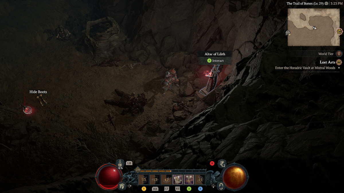 A Barbarian approaches the 15th Altar of Lilith in the Dry Steppes in Diablo 4
