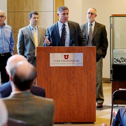 James Kimery, of National Instraments, discusses plans to build a high-tech mobile communications "living laboratory" at the University of Utah during a press conference at the U. in Salt Lake City on Monday, April 9, 2018.