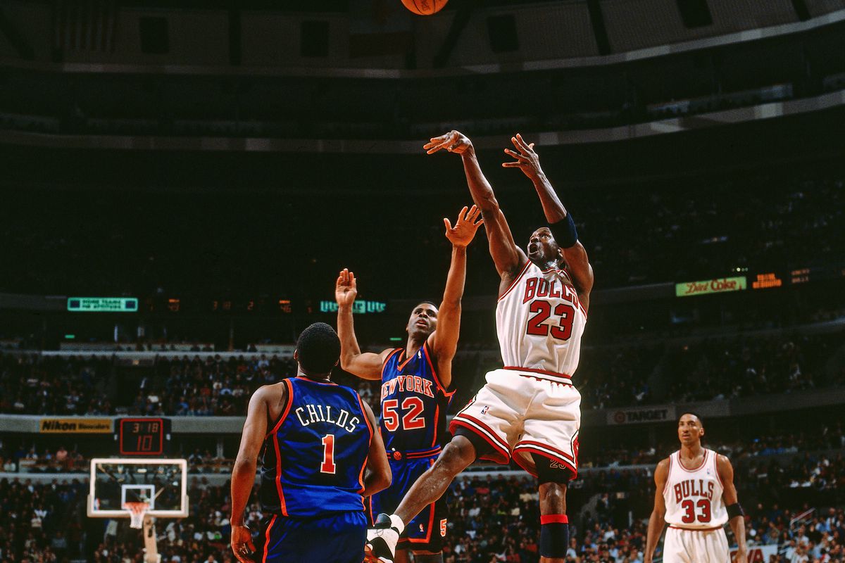 Michael Jordan #23 of the Chicago Bulls shoots the ball against the New York Knicks on April 18, 1998 at the United Center in Chicago, Illinois.&nbsp;