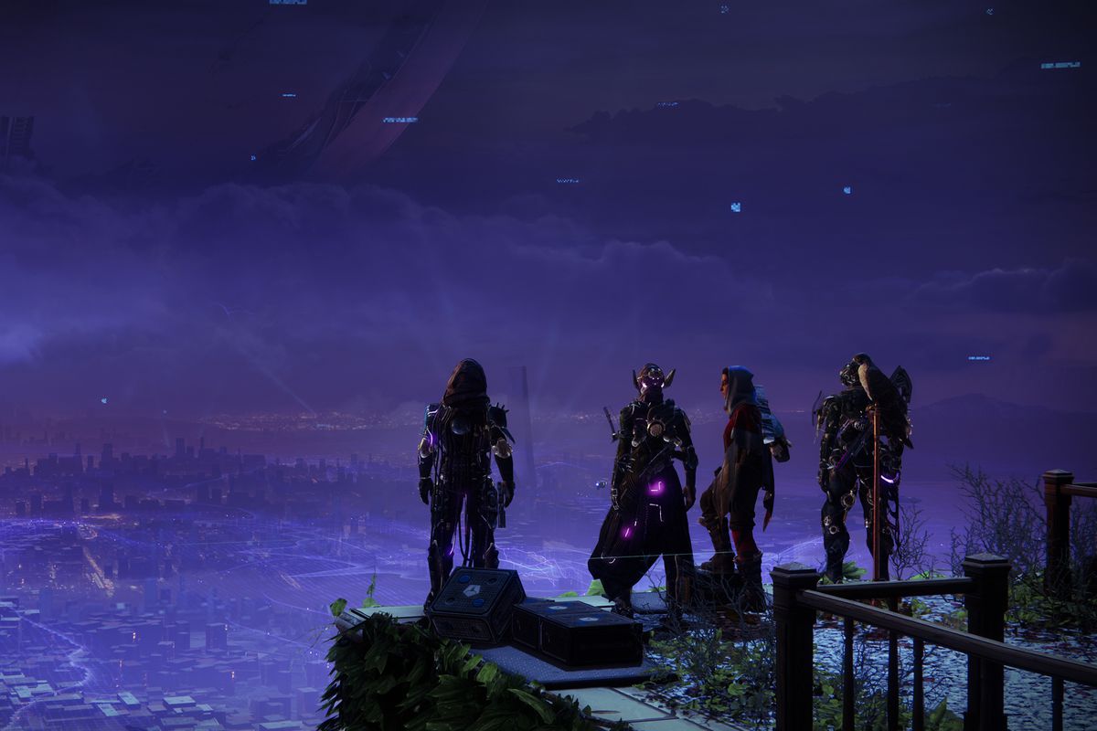 Destiny 2 characters stand on the Tower