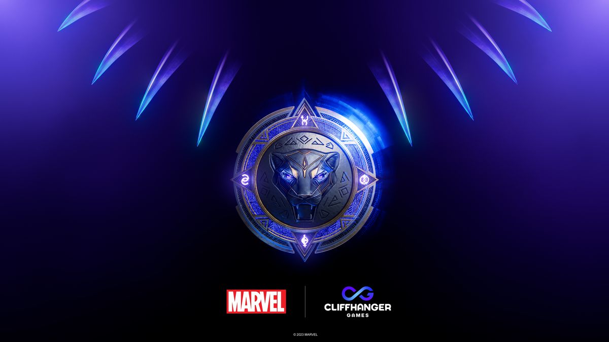 Teaser artwork from Electronic Arts’ Black Panther video game, featuring a crest with a panther head and claws in a necklace shape. The image also contains logos for Marvel and developer Cliffhanger Games.