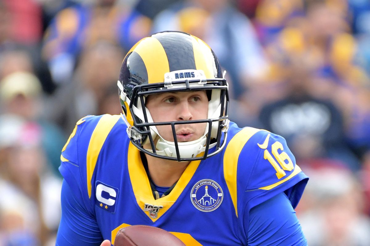 &nbsp;Los Angeles Rams quarterback Jared Goff drops back to pass against the Arizona Cardinals during the first quarter in the final Rams home game at Los Angeles Memorial Coliseum before moving to SoFi Stadium for the 2020 season.