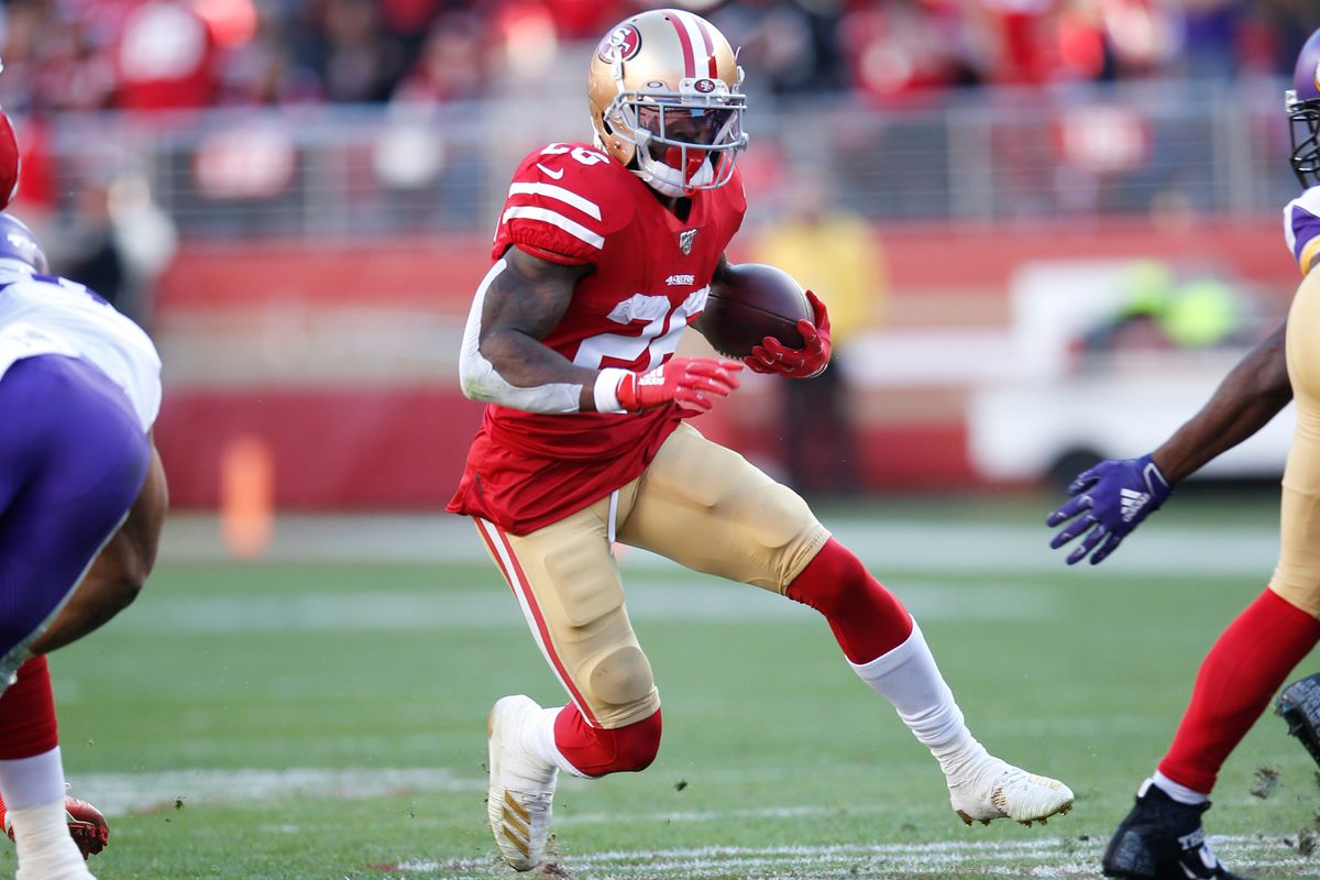 Tevin Coleman #26 of the San Francisco 49ers rushes during the game against the Minnesota Vikings at Levi’s Stadium on January 11, 2020 in Santa Clara, California. The 49ers defeated the Vikings 27-10.