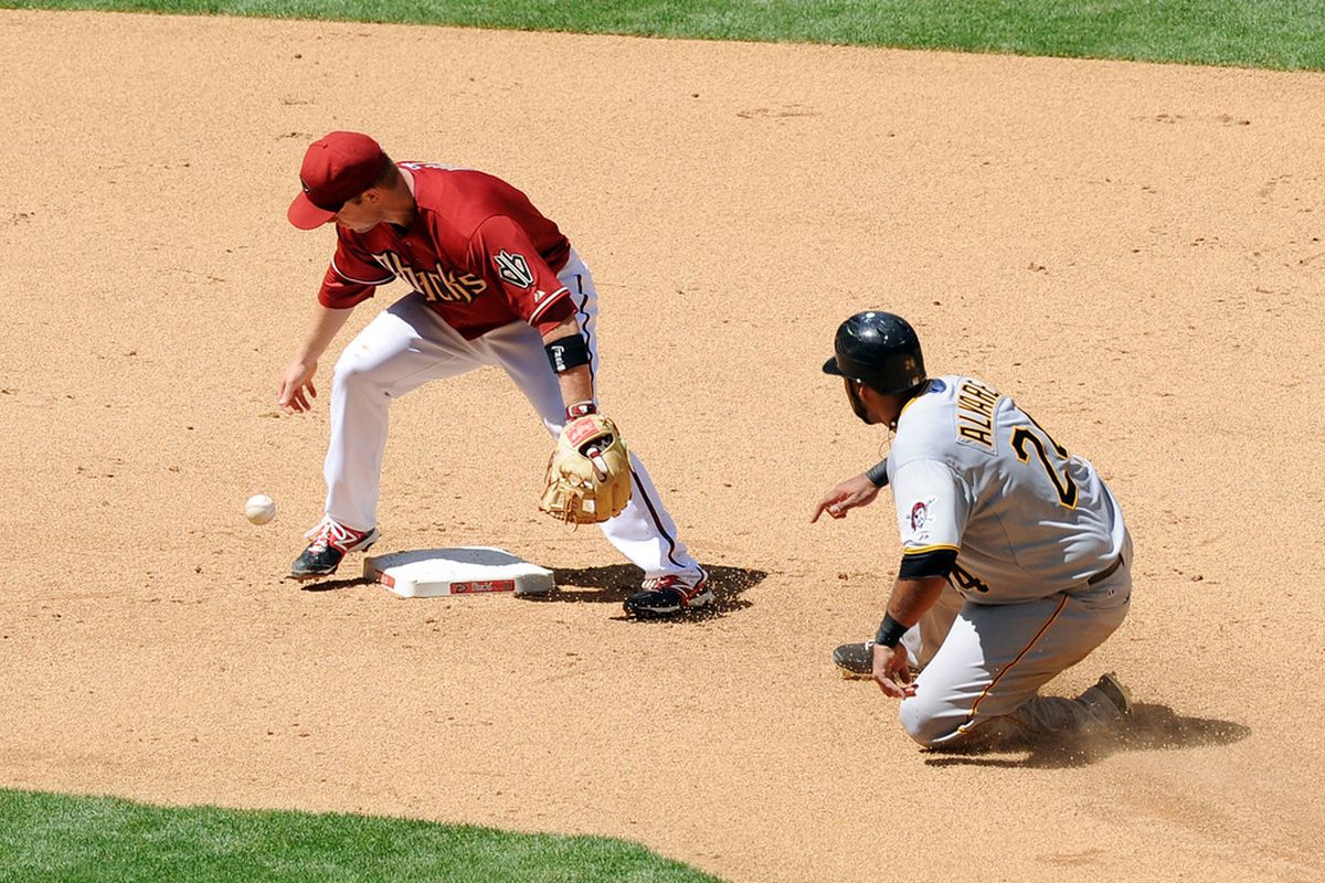 PHOENIX, AZ - APRIL 18: Aaron Hill #2 of the Arizona Diamondbacks drops the ball while attempting to turn a double play against the Pittsburgh Pirates at Chase Field on April 18, 2012 in Phoenix, Arizona.  (Photo by Norm Hall/Getty Images)