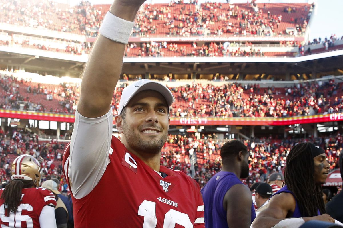 Jimmy Garoppolo of the San Francisco 49ers reacts to winning the NFC Divisional Round Playoff game against the Minnesota Vikings at Levi’s Stadium on January 11, 2020 in Santa Clara, California.