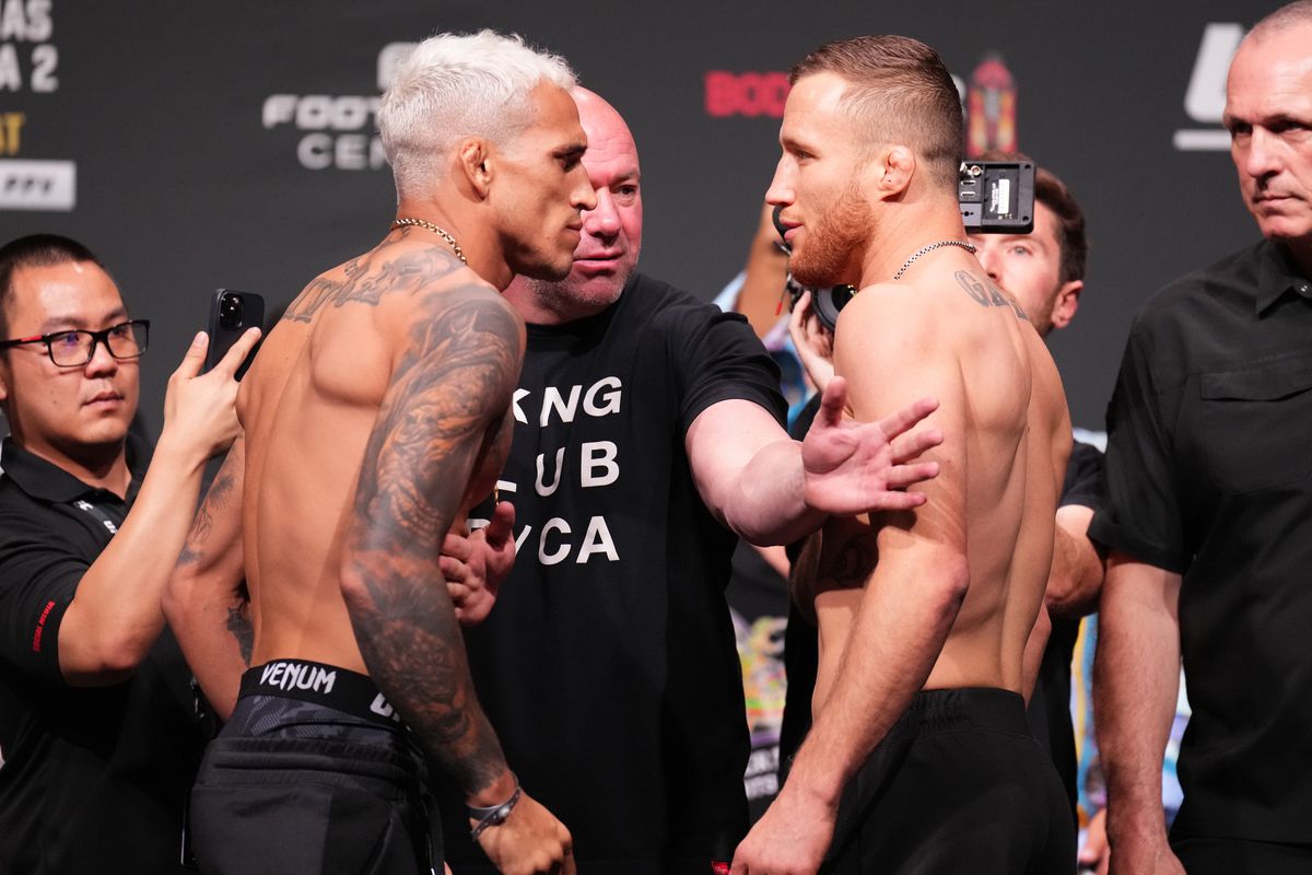Charles Oliveira and Justin Gaethje face off ahead of their battle at UFC 274.