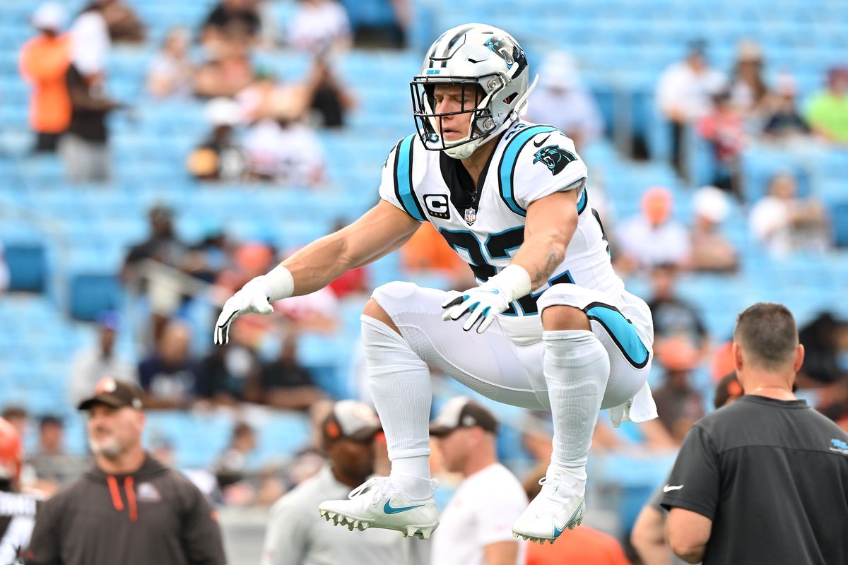 Christian McCaffrey #22 of the Carolina Panthers warms up before the game against the Cleveland Browns at Bank of America Stadium on September 11, 2022 in Charlotte, North Carolina.