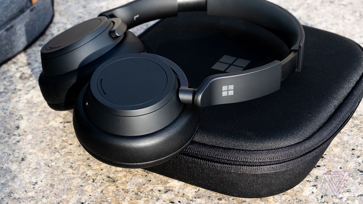 The Surface Headphones 2 pictured on their carrying case.