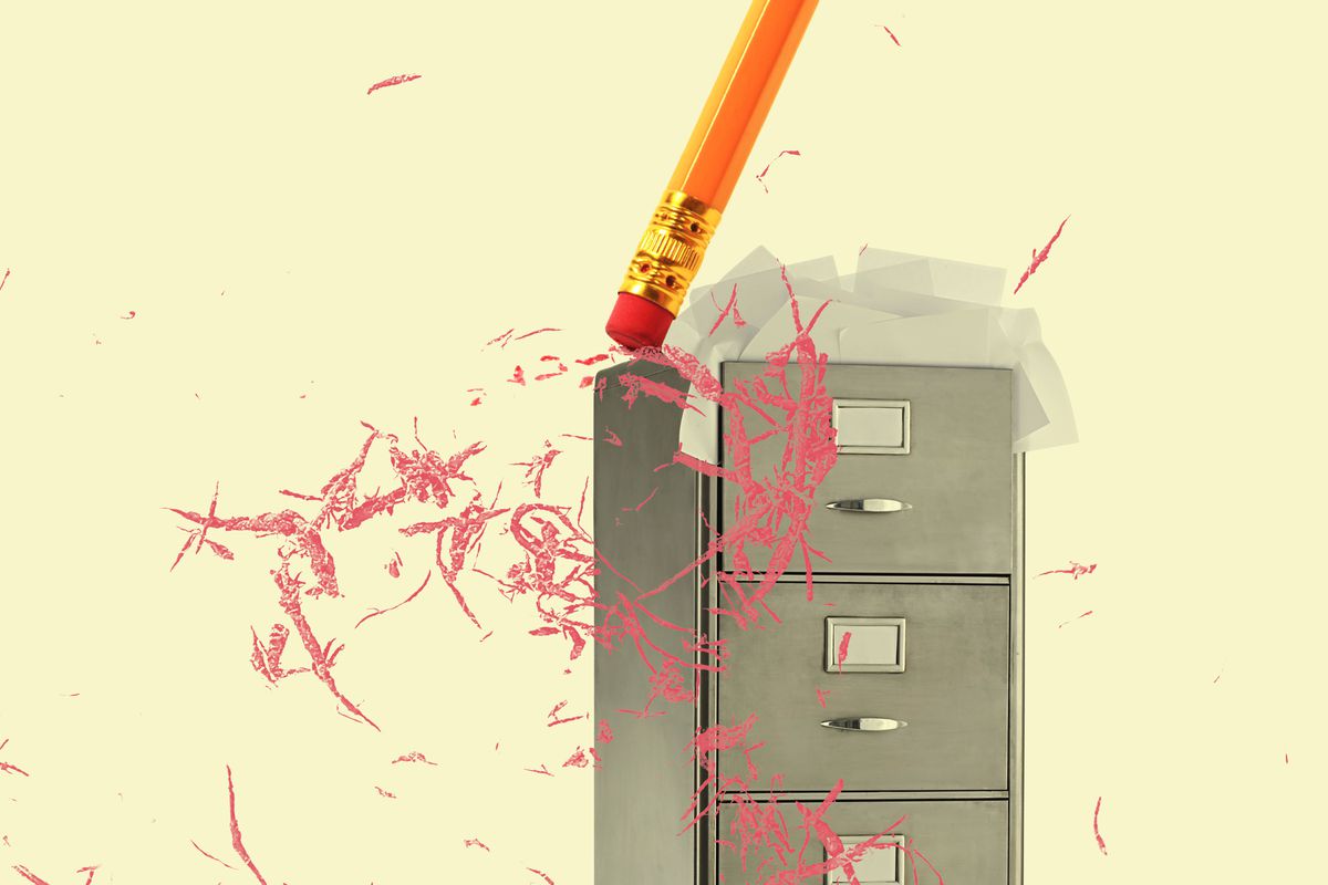 A photo illustration shows an overstuffed filing cabinet with papers spilling out of the top drawer, and a pencil busily erasing, with pink eraser shreds scattered around it.