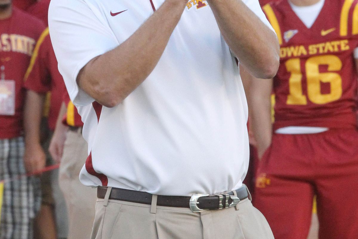 September 15, 2012; Ames, IA, USA;  Iowa State Cyclones coach Paul Rhoads looks on during the game against the Western Illinois Leathernecks at Jack Trice Stadium. Mandatory Credit: Reese Strickland-US PRESSWIRE