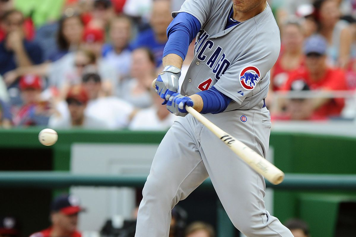 Washington, DC, USA; Chicago Cubs first baseman Anthony Rizzo singles against the Washington Nationals at Nationals Park. The Nationals defeated the Cubs 2-1. Credit: Brad Mills-US PRESSWIRE