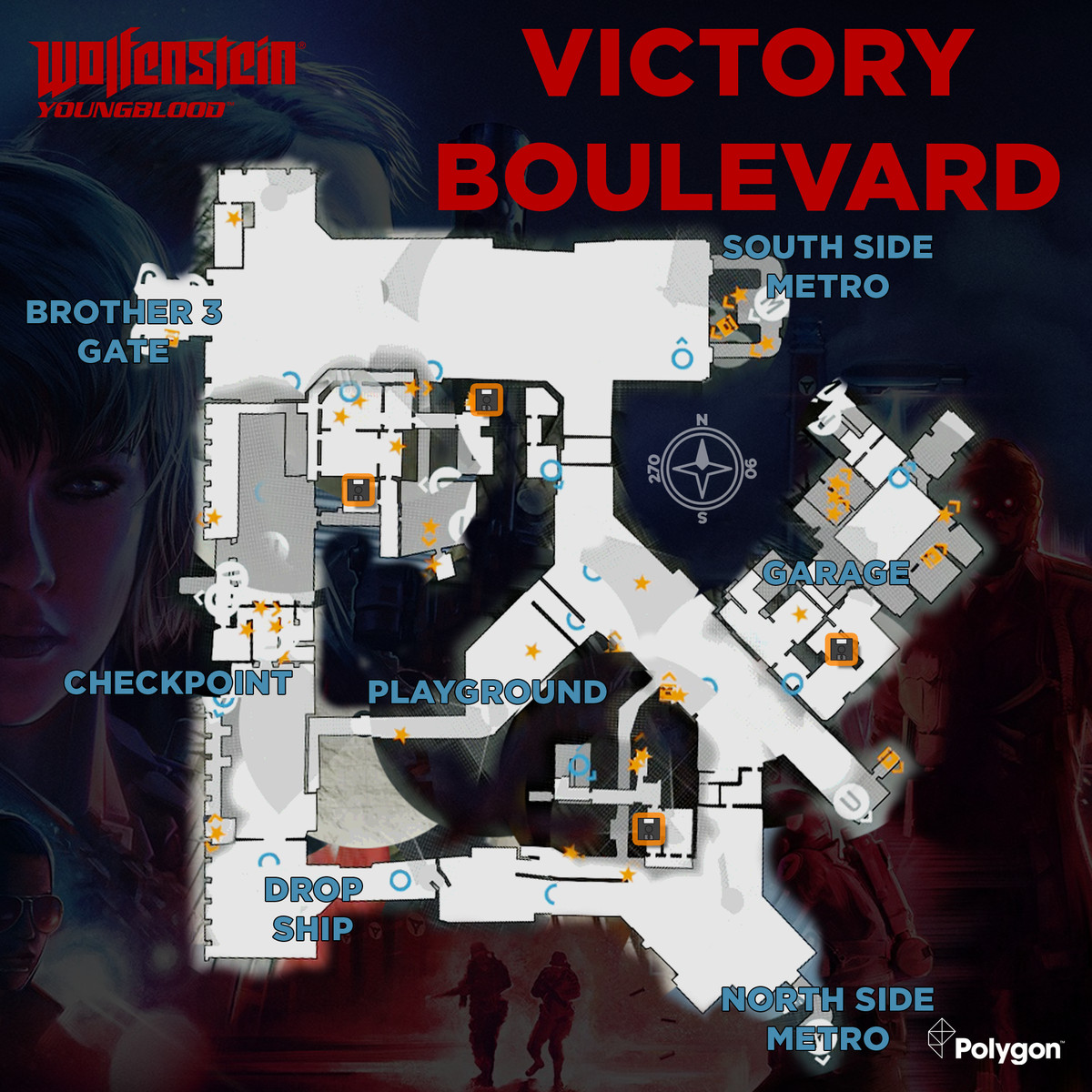 Wolfenstein: Youngblood Victory Boulevard map with Floppy Disk icons