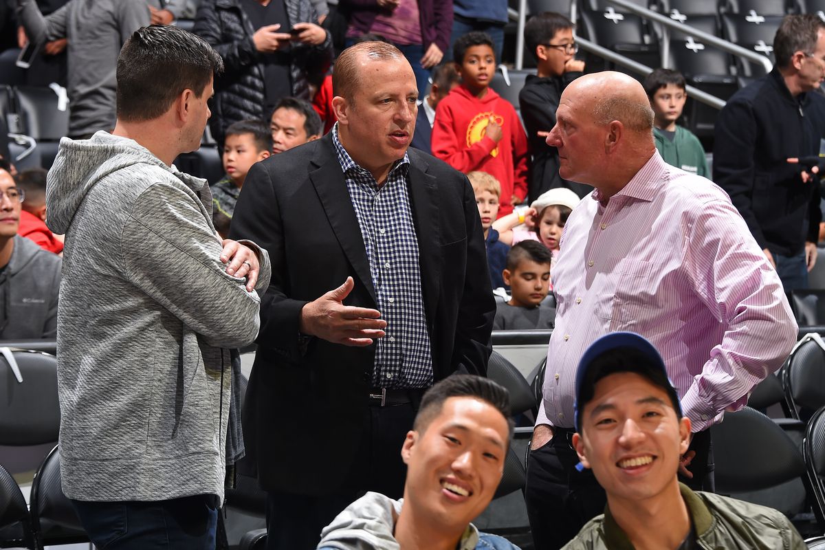 Tom Thibodeau and Steve Ballmer, owner of the LA Clippers talk prior to a game between the Houston Rockets and the LA Clippers on November 22, 2019 at STAPLES Center in Los Angeles, California.