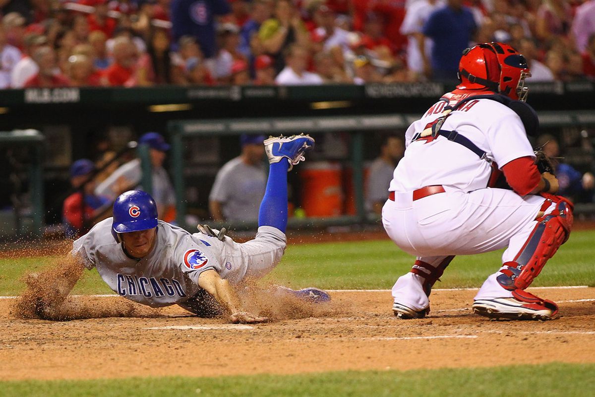 Tony Campana of the Chicago Cubs scores a run against the St. Louis Cardinals at Busch Stadium in St. Louis, Missouri.  (Photo by Dilip Vishwanat/Getty Images)