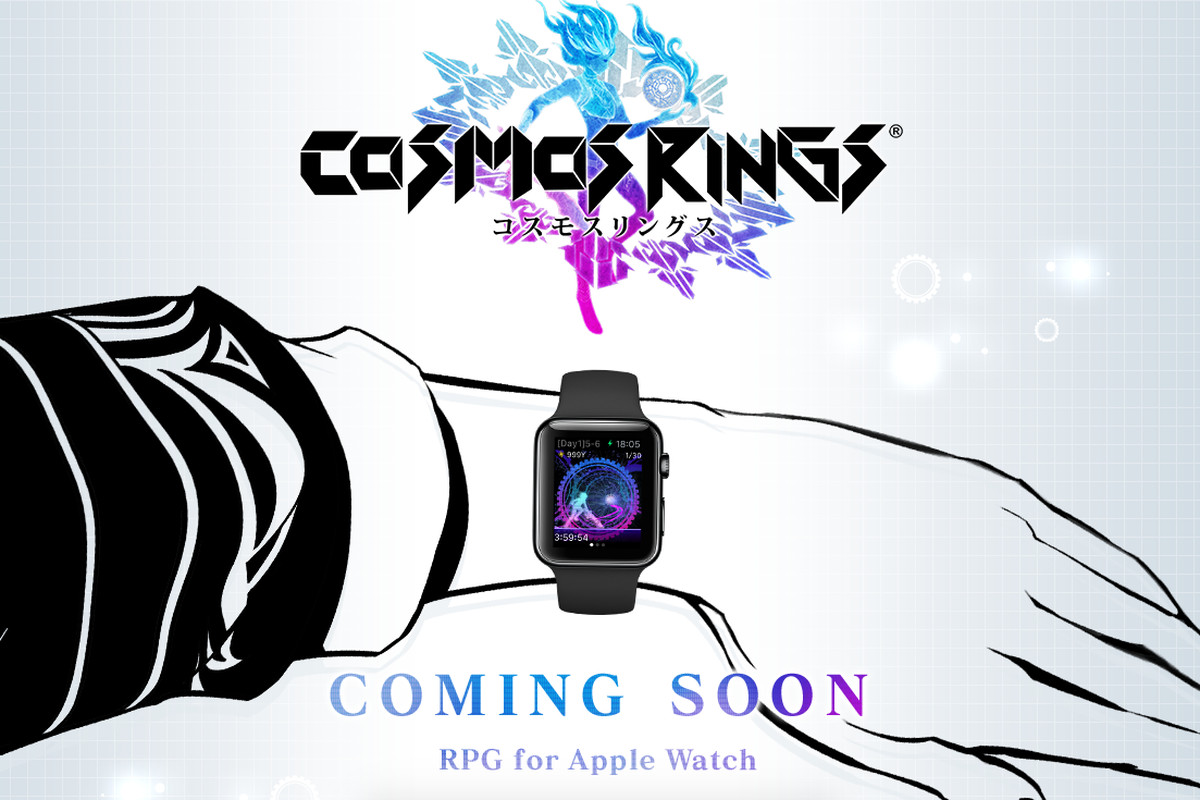 Drawn hand wearing apple watch with Cosmos Rings logo above