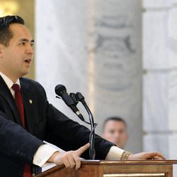 Sean Reyes takes the oath of office as Utah's attorney general in the rotunda of the state Capitol in Salt Lake City on Monday, Dec. 30, 2013. Reyes replaces John Swallow, who resigned in November.