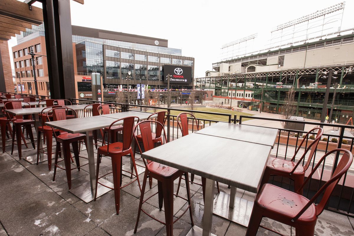 A restsaeurant patio overlooking Wrigley Field.