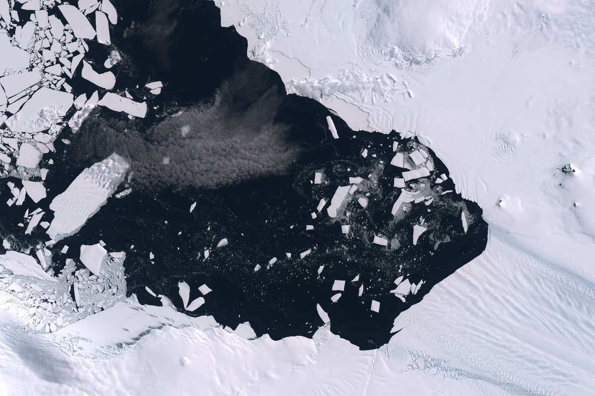Color satellite image of breakup of ice pack at the mouth of the Pine Island Glacier in Antarctica.