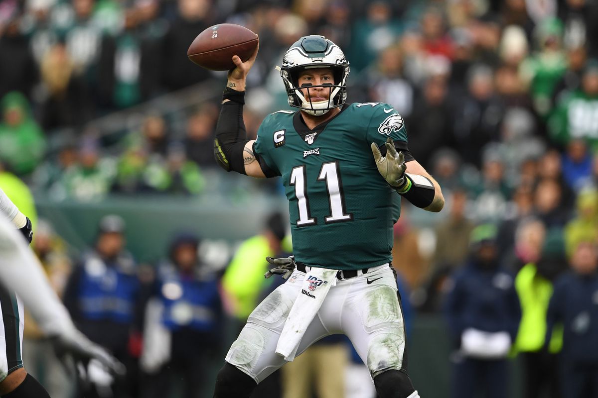 Philadelphia Eagles quarterback Carson Wentz passes in the fourth quarter against the Seattle Seahawks at Lincoln Financial Field.